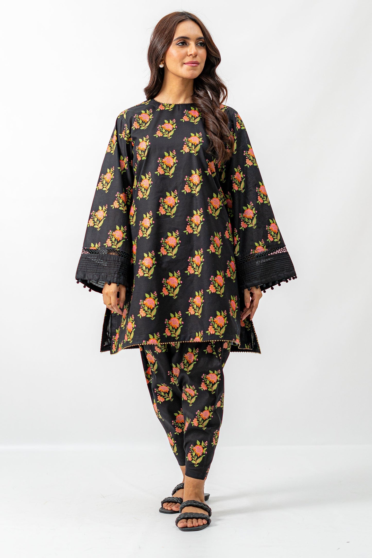 Black Floral Printed Kurta Set with Bell Sleeves