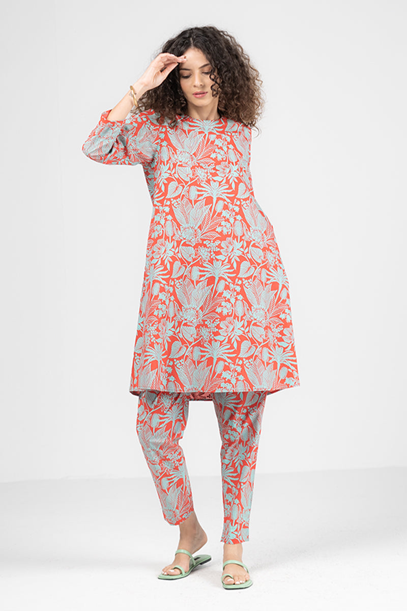 Tropical Coral & Aqua Printed Kurta Set