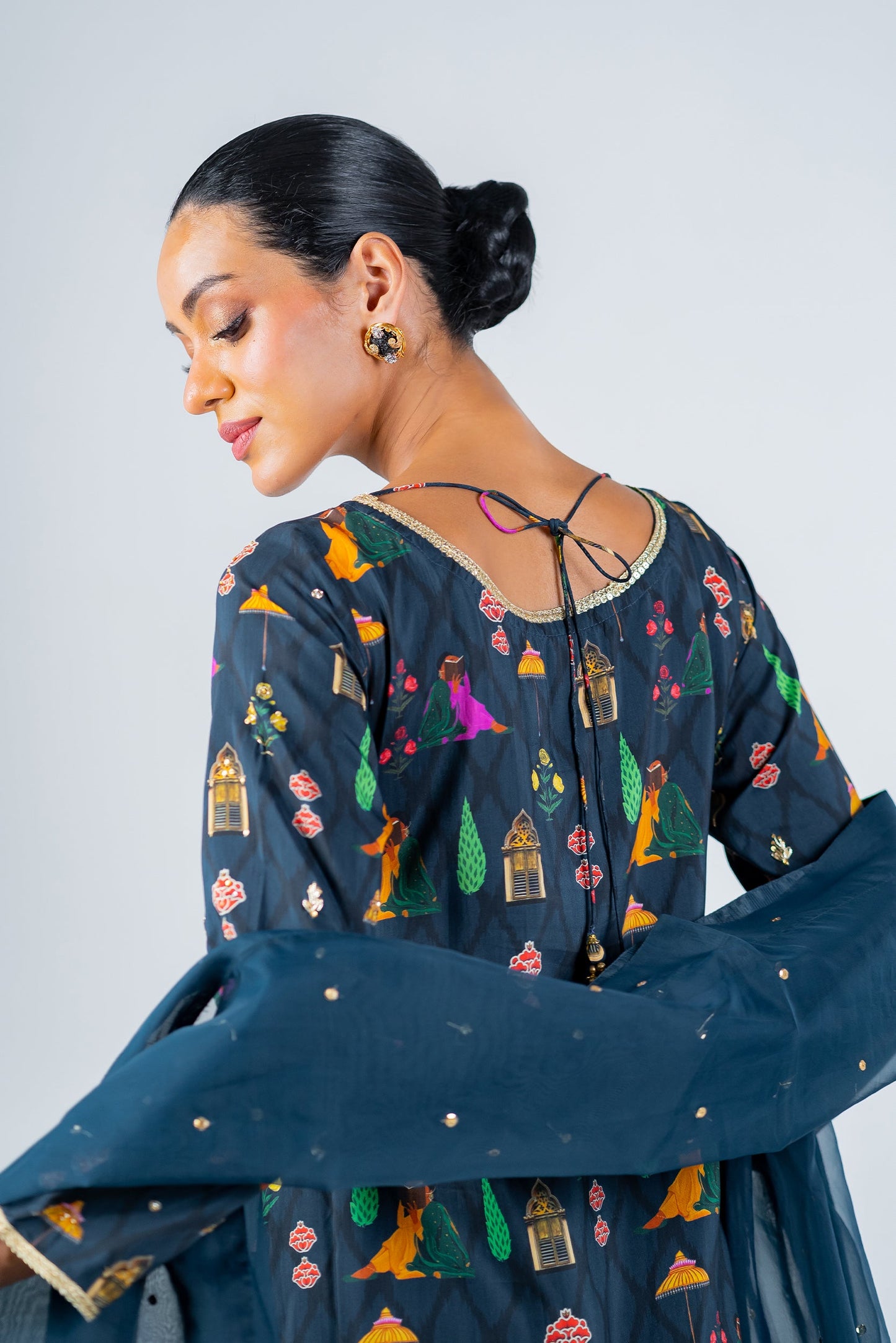Midnight Blue Printed Kurta Set with Flared Pants