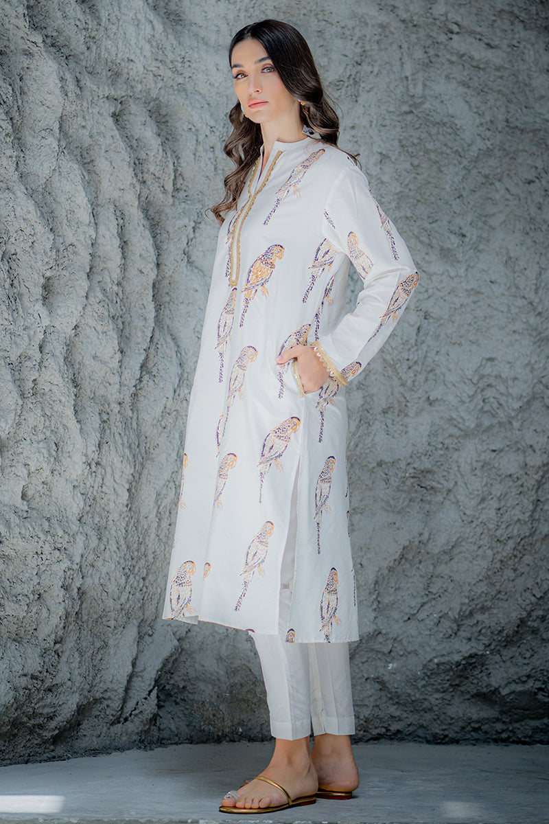 White Embroidered Bird Motif Kurta Set