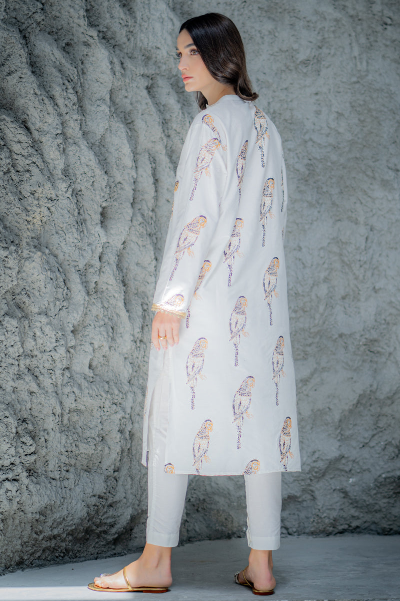 White Embroidered Bird Motif Kurta Set