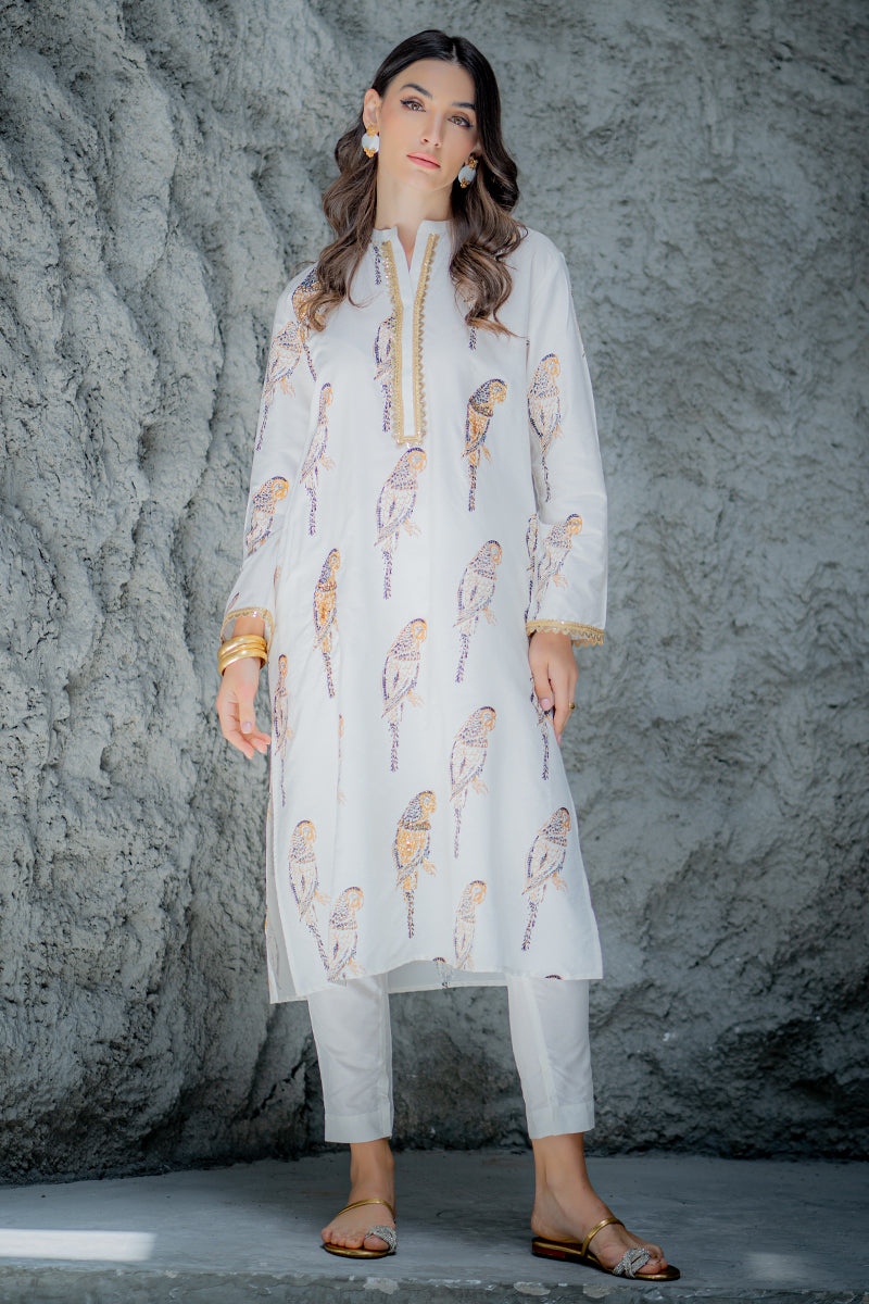 White Embroidered Bird Motif Kurta Set
