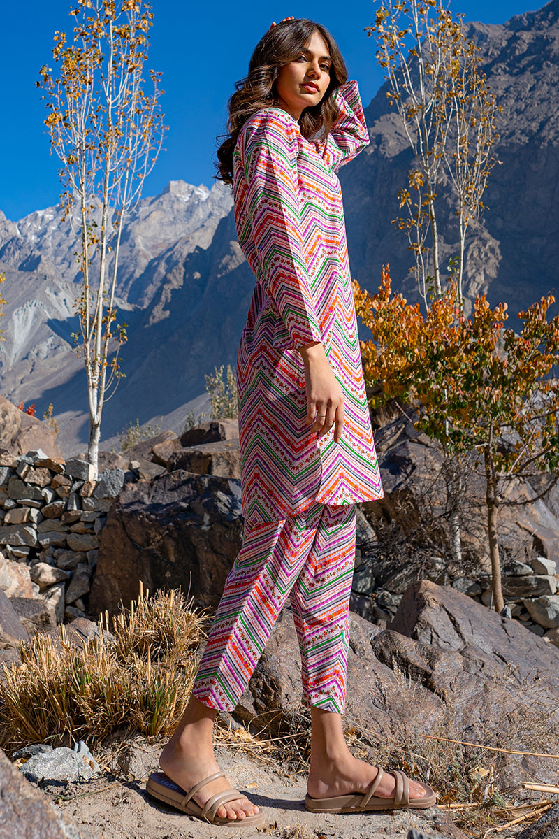 Vibrant Multicolor Chevron Print Kurta Set