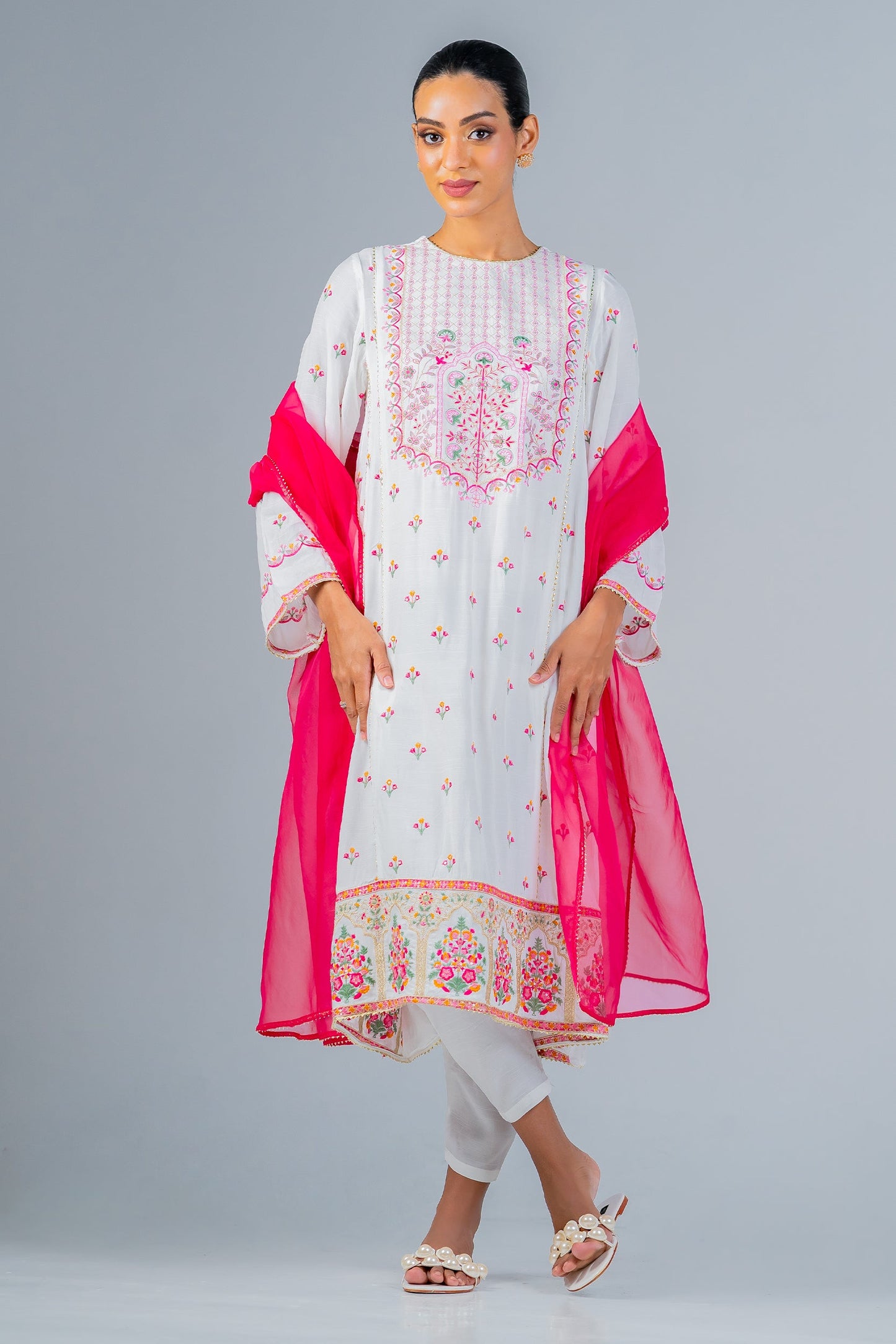 Graceful White & Pink Embroidered Kurta Set
