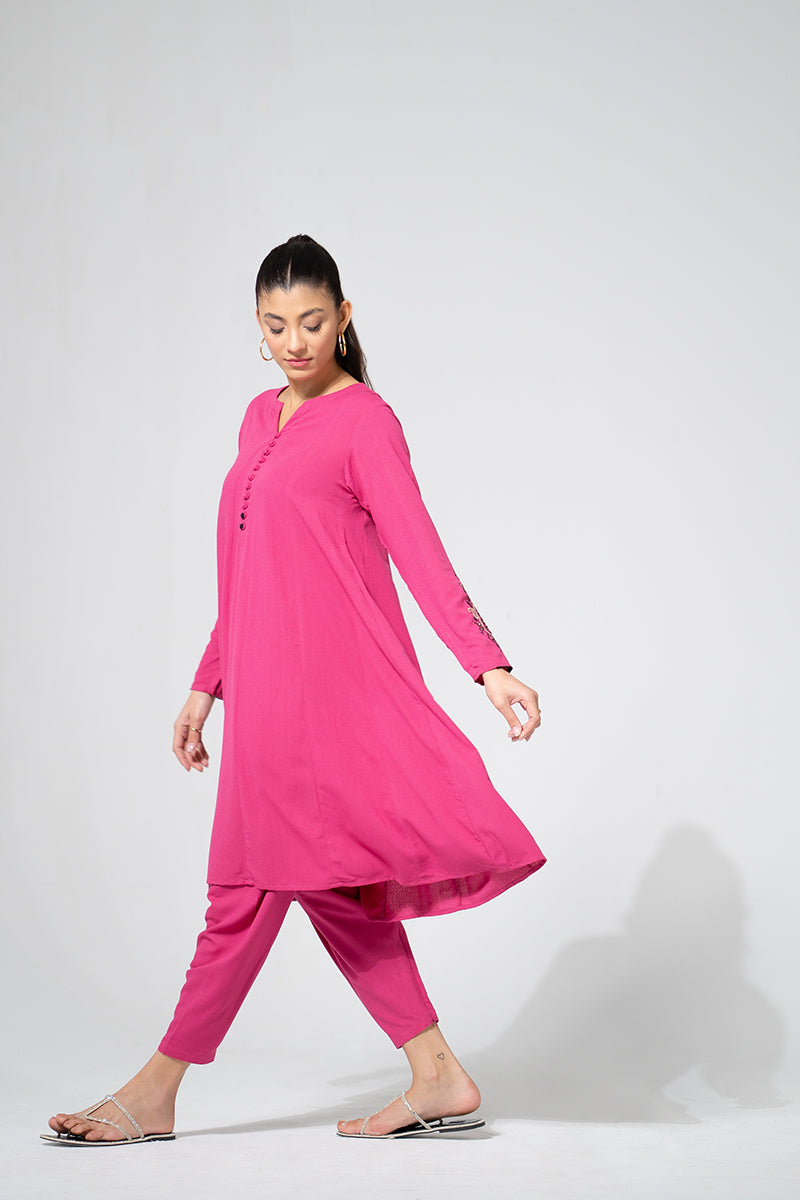 Vibrant Pink Tunic Set with Embroidered Sleeves