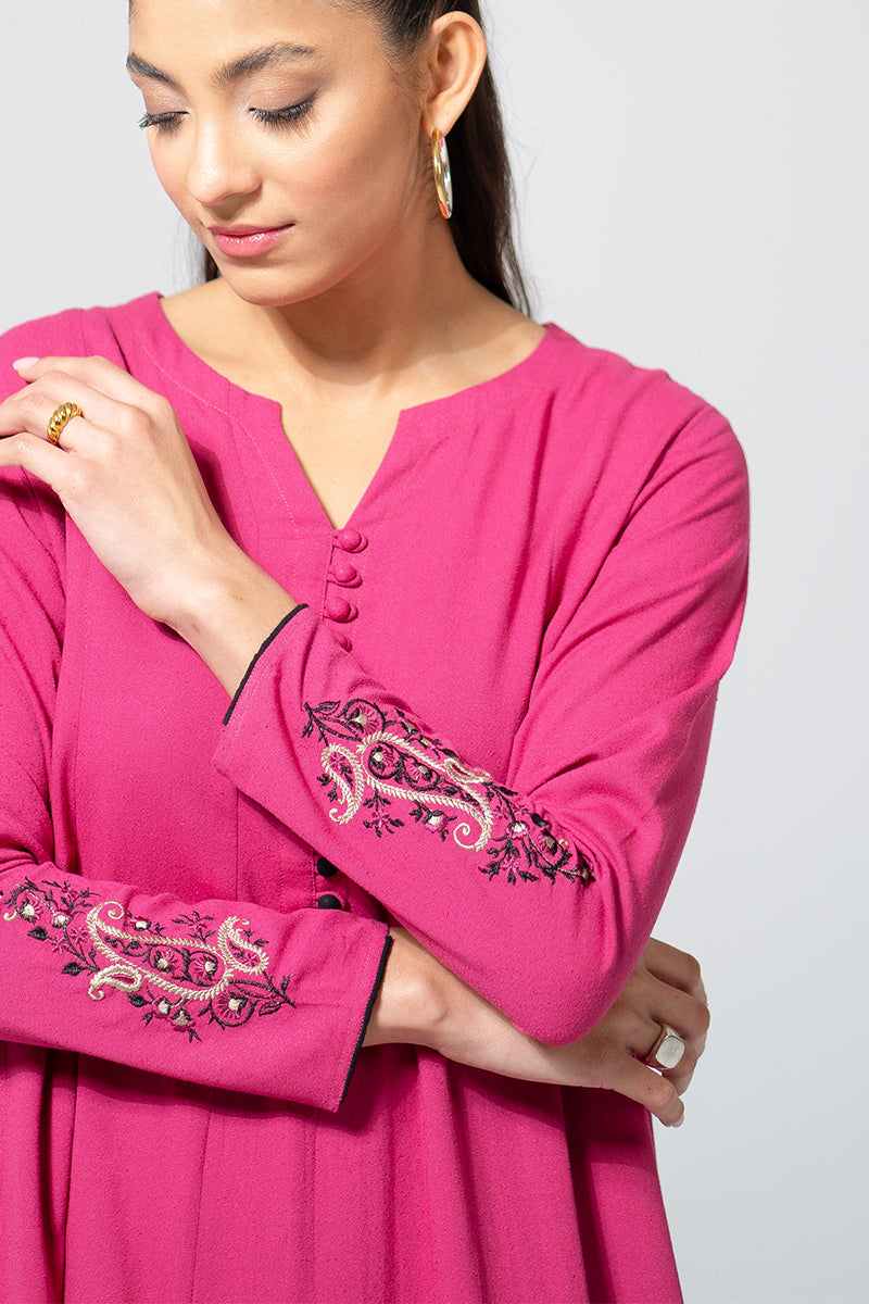 Vibrant Pink Tunic Set with Embroidered Sleeves