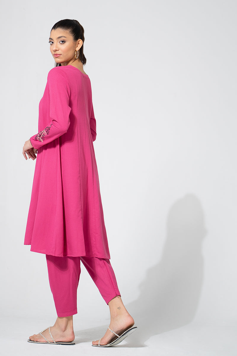 Vibrant Pink Tunic Set with Embroidered Sleeves