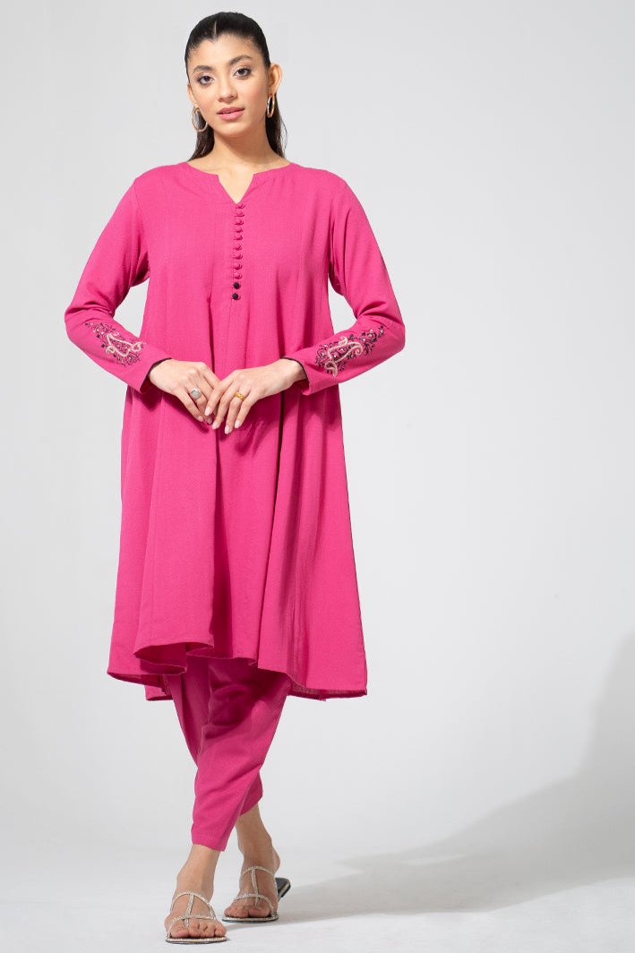 Vibrant Pink Tunic Set with Embroidered Sleeves