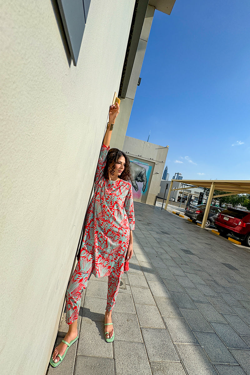 Tropical Coral & Aqua Printed Kurta Set