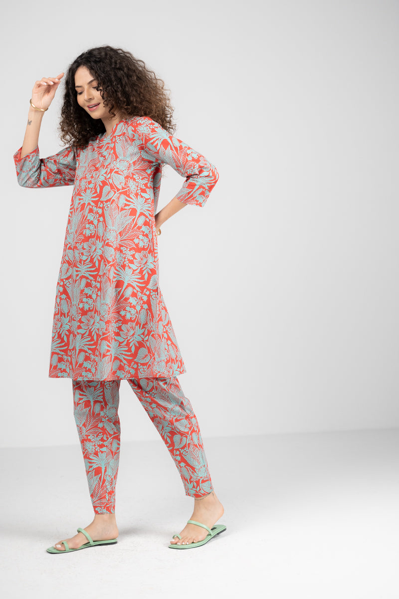 Tropical Coral & Aqua Printed Kurta Set