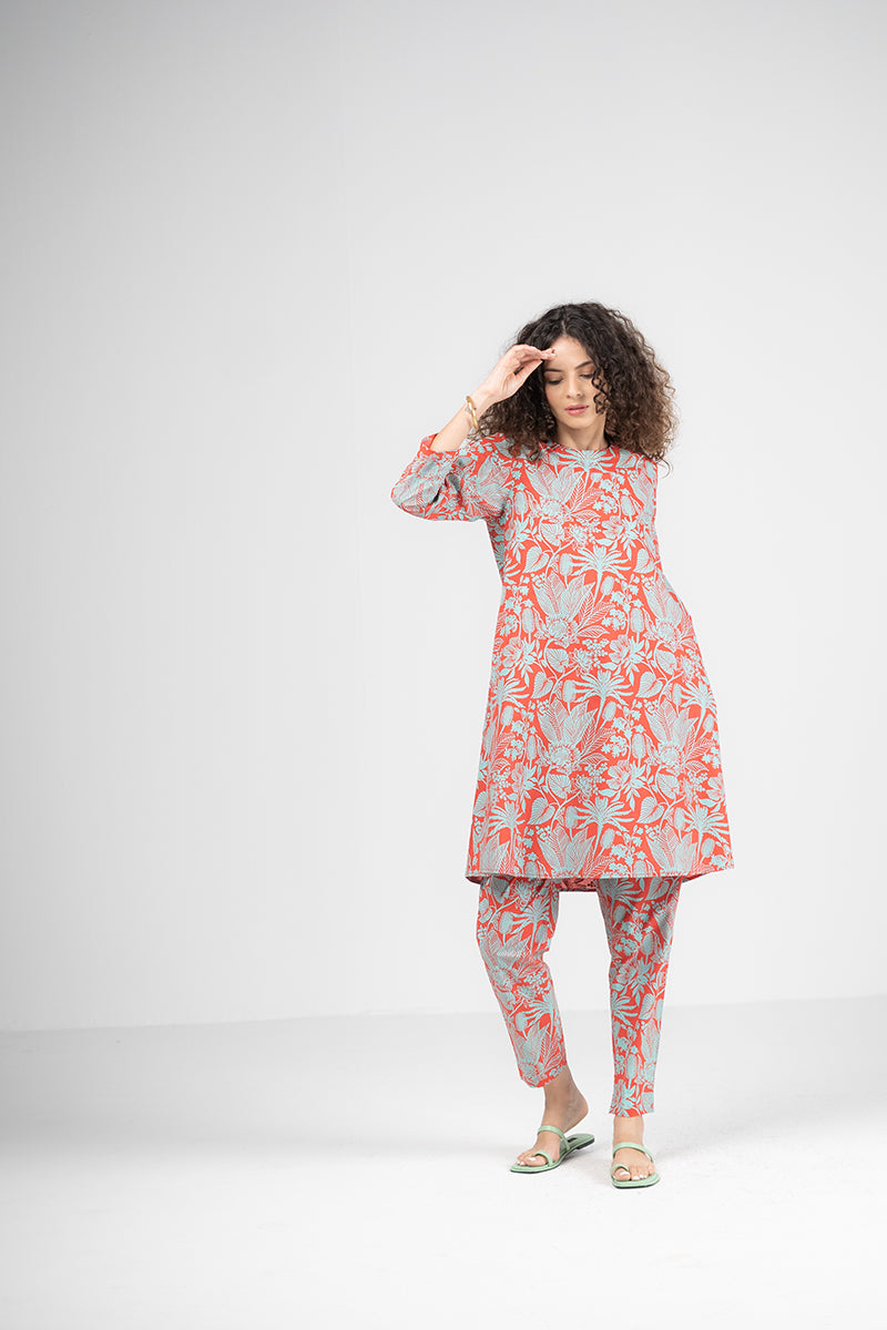 Tropical Coral & Aqua Printed Kurta Set