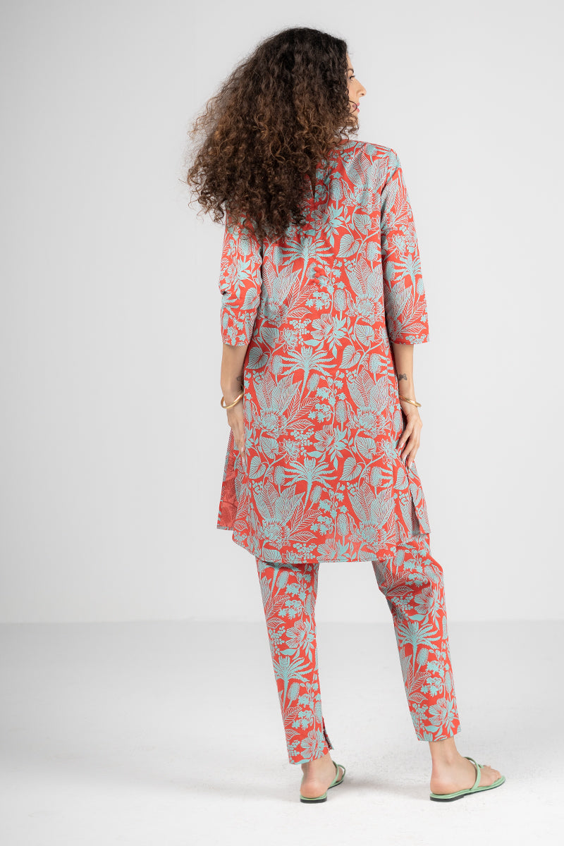 Tropical Coral & Aqua Printed Kurta Set