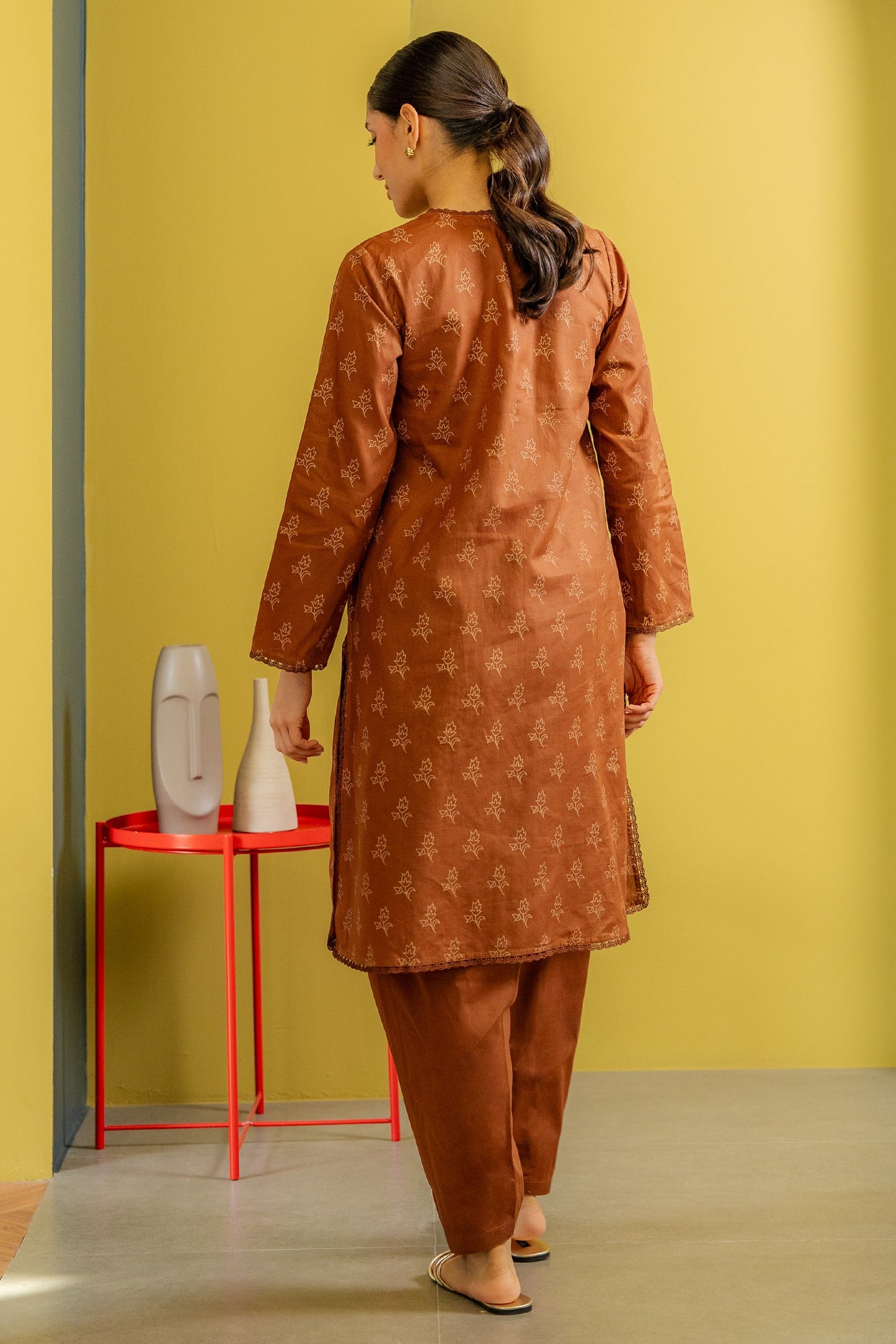 Floral Embroidered Brown Tunic and Pants Set